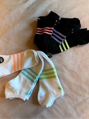 Adidas Women’s No Show Socks Lot 6 Pairs Black White Neon Stripe Athletic